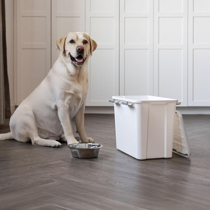 IRIS USA Stackable Dog Food Storage Container with 2 Cup Scoop, 4 Secure Latches, Fits up to 30 lbs, Pet Dry Food Bin, Gasket Seal Lid, BPA Free, Stackable, Easy Measure, White