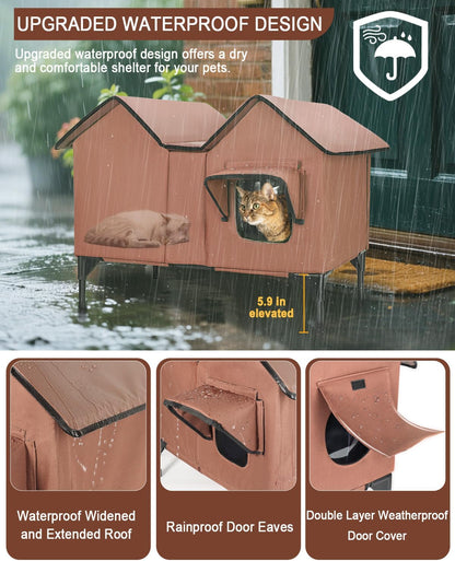 Extra Large Heated Cat House for Outside in Winter, Elevated Heated Outdoor Cat House Weatherproof with Heating pad, Insulated Outdoor Cat Shelter for Multiple Cats Small Dogs (Brown)