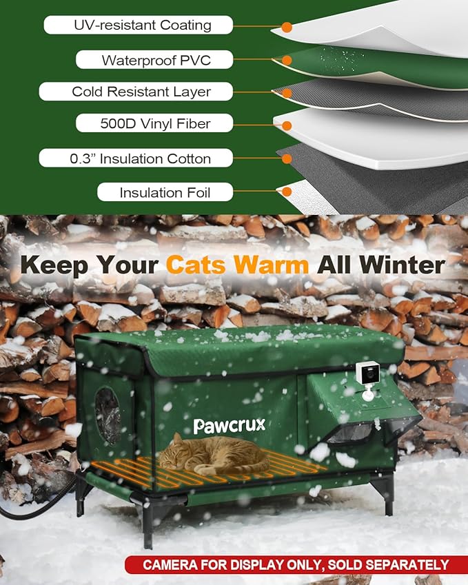 Weatherproof Heated Cat House for Outdoor in Winter, Heated Cat Bed Kitty Shelter with Cat Heating Pad, Insulated & Safe Escape Door, Warm House for Outside Stray Cat (Green, 17.7"x25.5"x17.9")