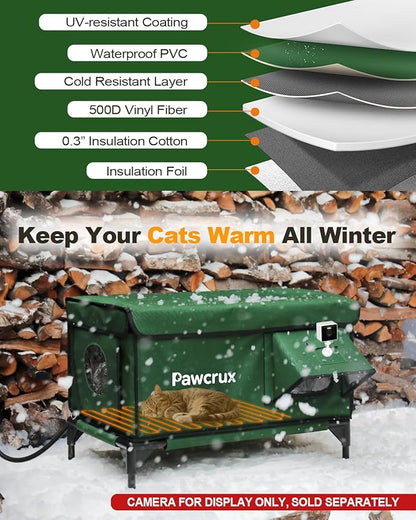 Weatherproof Heated Cat House for Outdoor in Winter, Heated Cat Bed Kitty Shelter with Cat Heating Pad, Insulated & Safe Escape Door, Warm House for Outside Stray Cat (Green, 17.7"x25.5"x17.9")