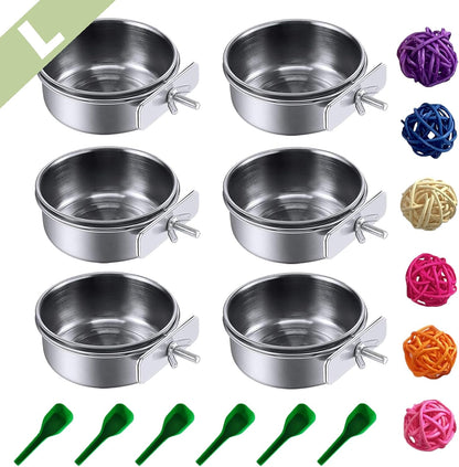 PINVNBY 6 Pieces Stainless Steel Bird Feeding Dish Cups,Parrot Feeder Parakeet Food Water Bowls with Clamp Holder & 6 Pcs Bird Spoon & 6 Pcs Birds Ball Toys for Budgies Macaw Small Animal(L)