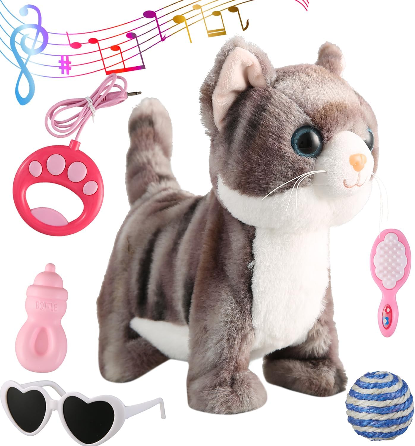 Gray Walking Cat Set Singing That Purrs and Meows Animated Plush Robot Kitten with Leash Moving Plush Stuffed Animal Remote Control Cute Kawai Robotic Kitty Electronic Kitten Toy for Girl Kid