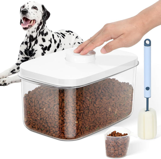 6 lbs Airtight Dog Cat Food Storage Container and Dog Treat Containers BPA-Free, PET Clear Stackable Pet Storage Bin, 1-Cup Scoop, 1-Sponge cleaning brush, Pop Top, With handle, Easy Mobility-Medium