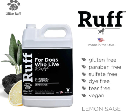 Ruff by Lillian Ruff Activated Charcoal Pet Shampoo – Lemon Sage – Deep Cleanser, Deodorizer & Stain Remover – Hydrates Dry Itchy Skin – Puppy & Dog Safe – USA Made (Gallon)
