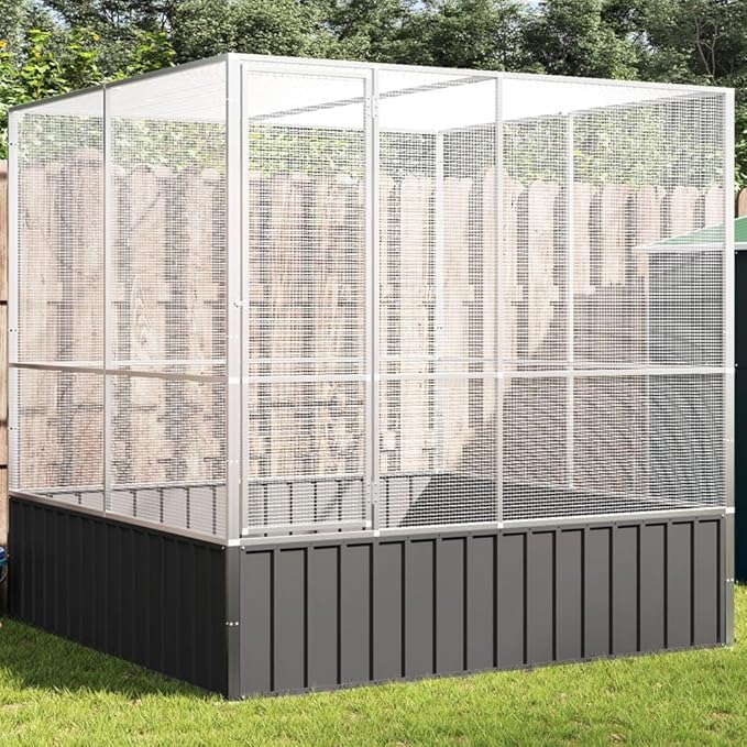 Steel Aviary Silver, Steel Bird Cage, Outdoor Aviary Parrot Cage Wide Flight Metal Birdcage, 83.1"x81.5"x83.5" Steel,-112