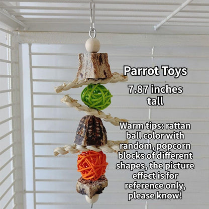 Parrots Chewing Toy Wood Block Nut Rattan Ball Corn Husk with Hanging Hook Entertainment Toy Wood Bird Toy for Parrots Chewing Block Cage Toy Accessories for Cockatiel Parakeets Random Color (2 Pcs)