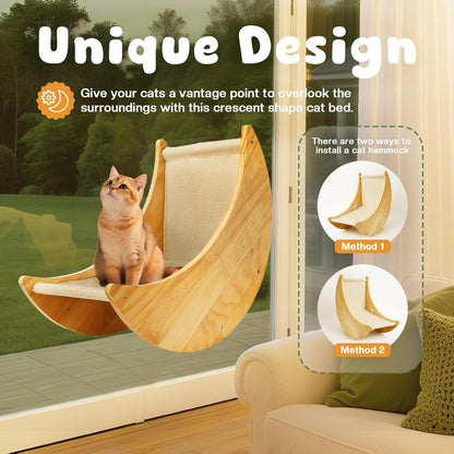 Wooden Cat Window Perch, Large Cat Window Bed with 4 Upgraded Suction Cups, Solid Wood Cats Window Hammock with Moon-Shaped Design, Pet Windows Seat for Indoor Cats