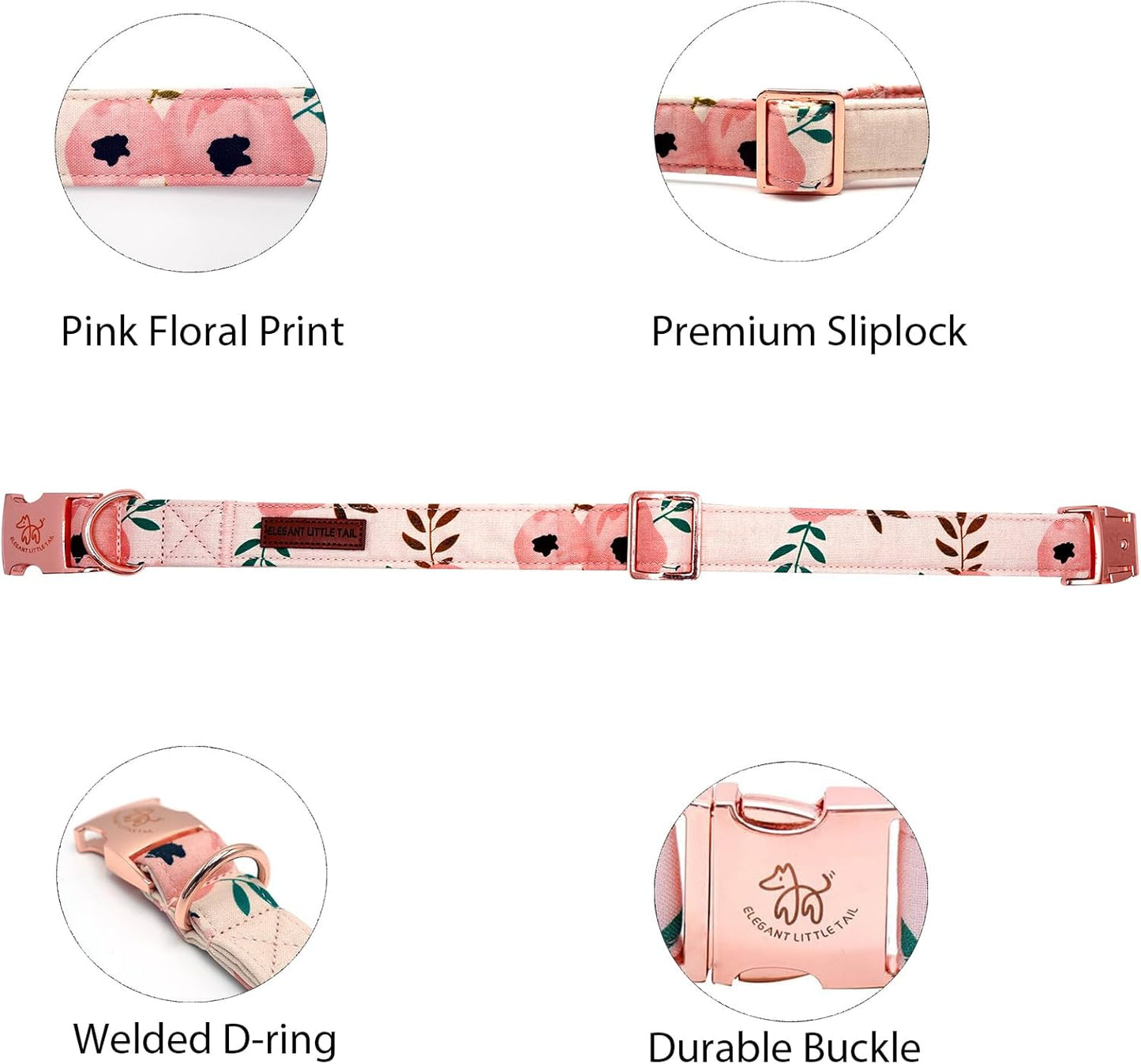 Elegant little tail Dog Collar, Pink Floral Girl Pet Collar Durable Cute Dog Collars Summer Female Pet Gift Adjustable Dog Collar for Large Dogs