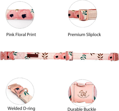 Elegant little tail Dog Collar, Pink Floral Girl Pet Collar Durable Cute Dog Collars Summer Female Pet Gift Adjustable Dog Collar for Large Dogs