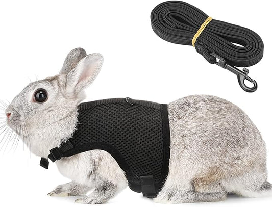 PETTOM Bunny Rabbit Harness with Stretchy Leash Cute Adjustable Buckle Breathable Mesh Vest for Kitten Small Pets Walking (Black,XL)