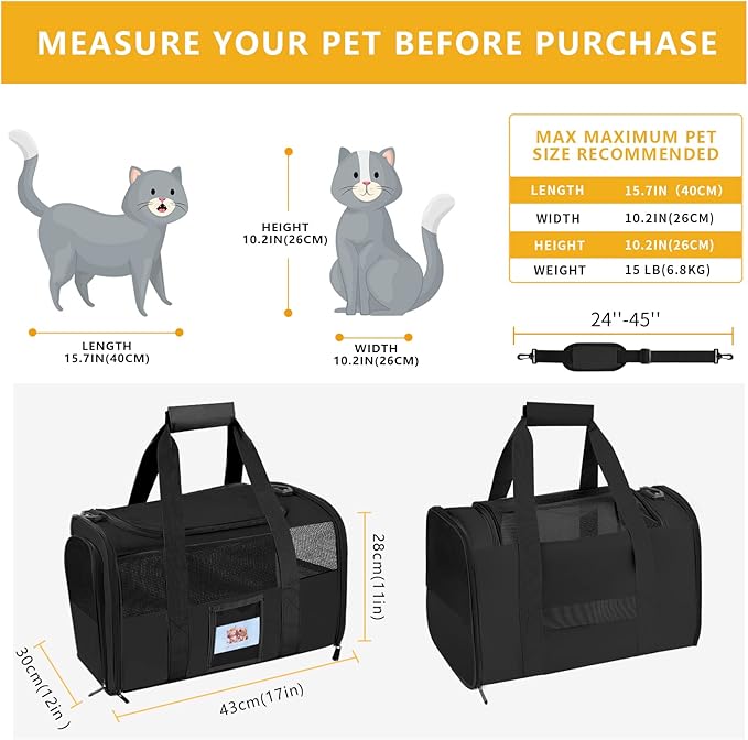 Cat Carrier, Dog Carrier, Pet Carriers Airline Approved for Kitten Small Dogs Carriers for Small Medium Under 15lbs, Collapsible Soft Sided Cat Carrier, Black