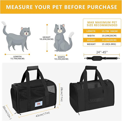 Cat Carrier, Dog Carrier, Pet Carriers Airline Approved for Kitten Small Dogs Carriers for Small Medium Under 15lbs, Collapsible Soft Sided Cat Carrier, Black