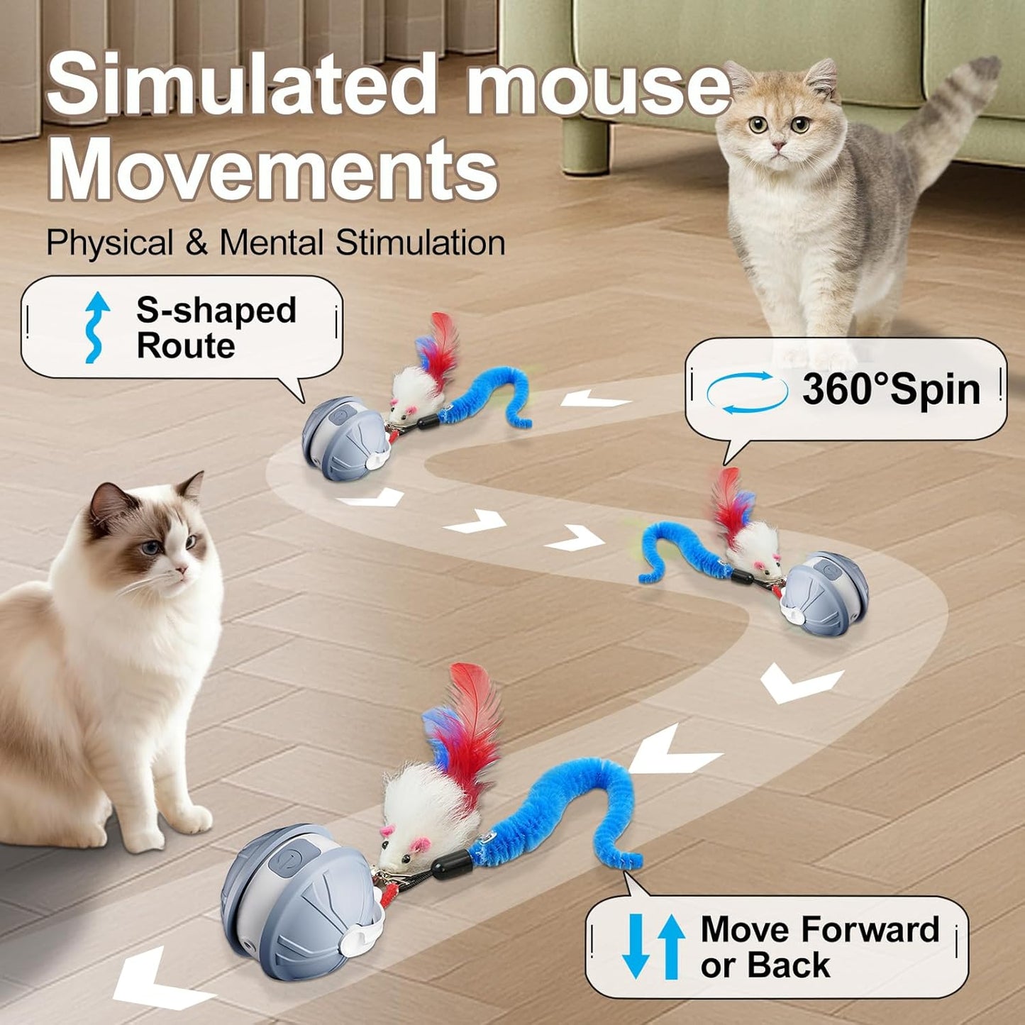 Interactive Cat Toy Ball - 2-in-1 Indoor Cat Toy with Feather Attachment and Laser Interactive Cats Balls, Moving Electric Rolling Ball Toys Designed for Bored Kittens and Adult Cats