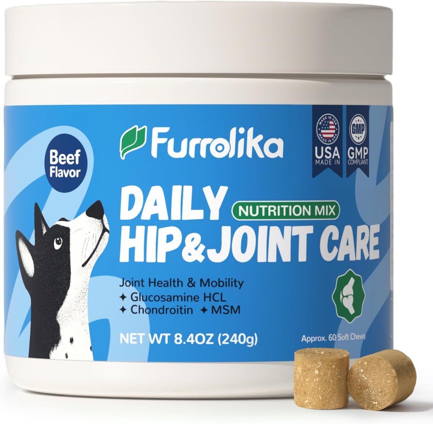 Furrolika Hip and Joint Supplement for Dogs – Made in The USA – Glucosamine, Chondroitin, MSM, Vitamin C – Chewable Joint Support for Mobility & Comfort – Beef Flavor – 60 Soft Chews
