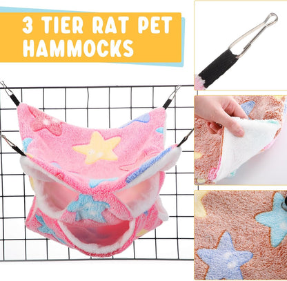 Sweetude 6 Pcs Rat Hammock Set Ferret Hanging Tunnel 3 Tier Guinea Pig Hammocks Hideout Soft Chinchilla Bed for Cage Accessories Hide,Play and Sleep(Dreamy,Star)