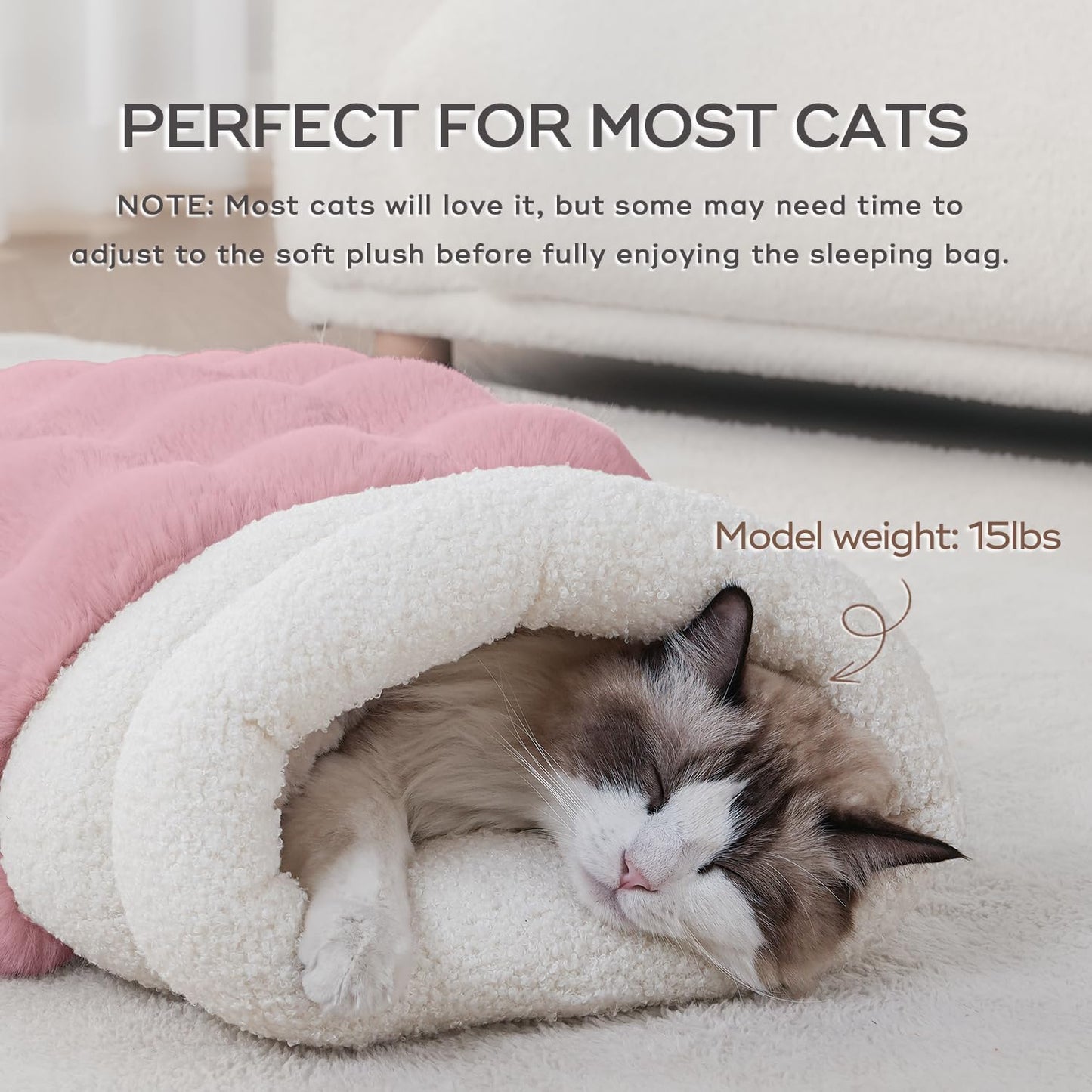 Cat Sleeping Bag for Indoor Cats Self Warming Cat Bed Fits up to 15 lbs Pets Soft Plush Warm Bed 360° Wrap Bag Washable Comfortable Pet Sleeping Bed 21" × 17" Pink