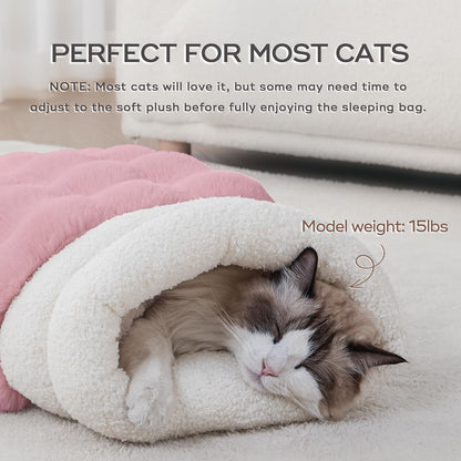 Cat Sleeping Bag for Indoor Cats Self Warming Cat Bed Fits up to 15 lbs Pets Soft Plush Warm Bed 360° Wrap Bag Washable Comfortable Pet Sleeping Bed 21" × 17" Pink
