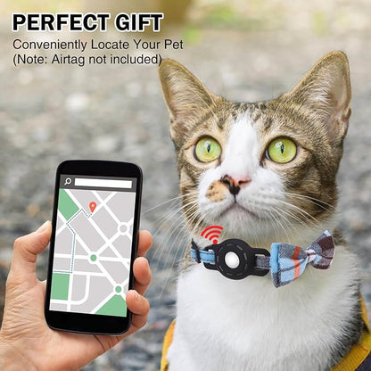 Airtag Cat Collar with Bells, Kitten Collar Breakaway for Girl Boy Cats, Safety Cat Collars with Bow Tie, Cat Collar Airtag Holder for Small Dogs Pets, 1 Pack Adjustable Plaid Design, Blue