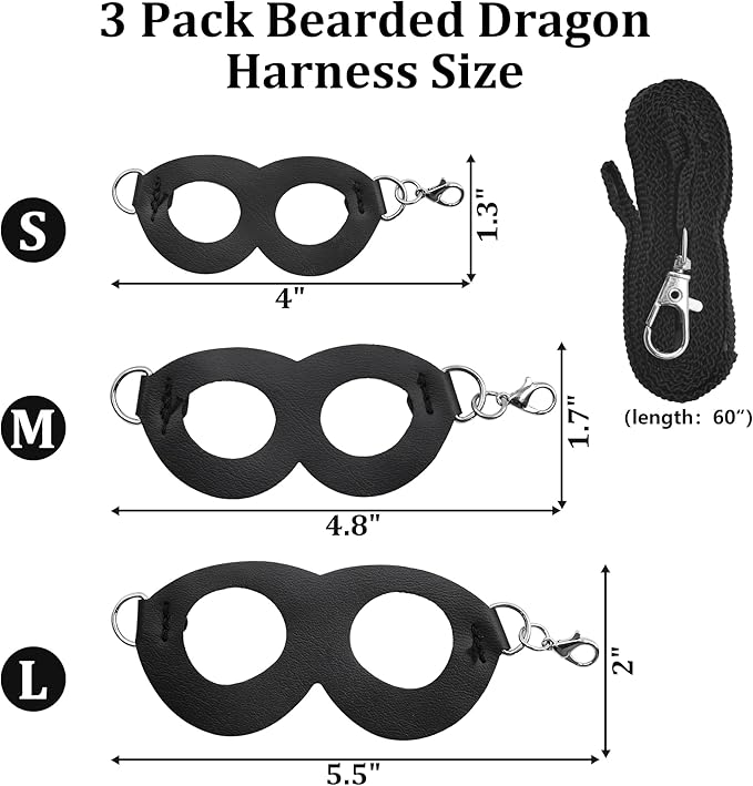 Bearded Dragon Harness and Leash Set, 3-Size Adjustable Soft Leather Reptile Leash for Training & Walking, Lizard Harness with Traction Rope, Walking Vest for Small Animal Outdoor, Black