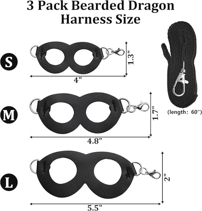 Bearded Dragon Harness and Leash Set, 3-Size Adjustable Soft Leather Reptile Leash for Training & Walking, Lizard Harness with Traction Rope, Walking Vest for Small Animal Outdoor, Black