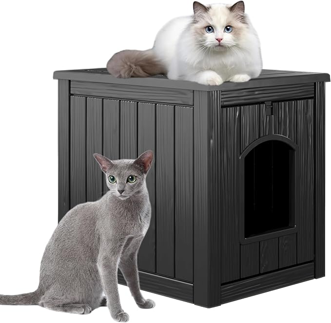 KAMABOKO Outdoor Cat House, Weatherproof Plastic Cat Shelter for Indoor & Outdoor, Durable All-Season Pet House for Feral, Stray & Domestic Cats (L-Black)