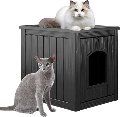 KAMABOKO Outdoor Cat House, Weatherproof Plastic Cat Shelter for Indoor & Outdoor, Durable All-Season Pet House for Feral, Stray & Domestic Cats (L-Black)