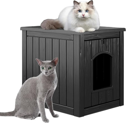 KAMABOKO Outdoor Cat House, Weatherproof Plastic Cat Shelter for Indoor & Outdoor, Durable All-Season Pet House for Feral, Stray & Domestic Cats (L-Black)