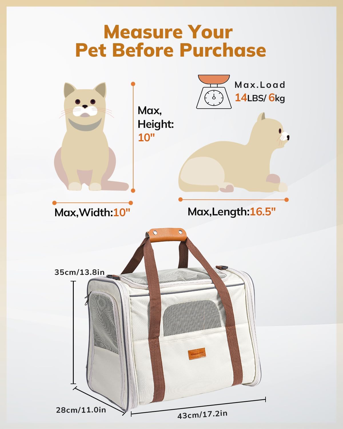 Morpilot Cat Carrier - Soft Sided Cat Carrier Large for Big Medium Cats and Puppy up to 18lbs, Pet Carrier with Safety Zippers, Foldable Bowl, Airline Approved Large Dog Carrier - Beige
