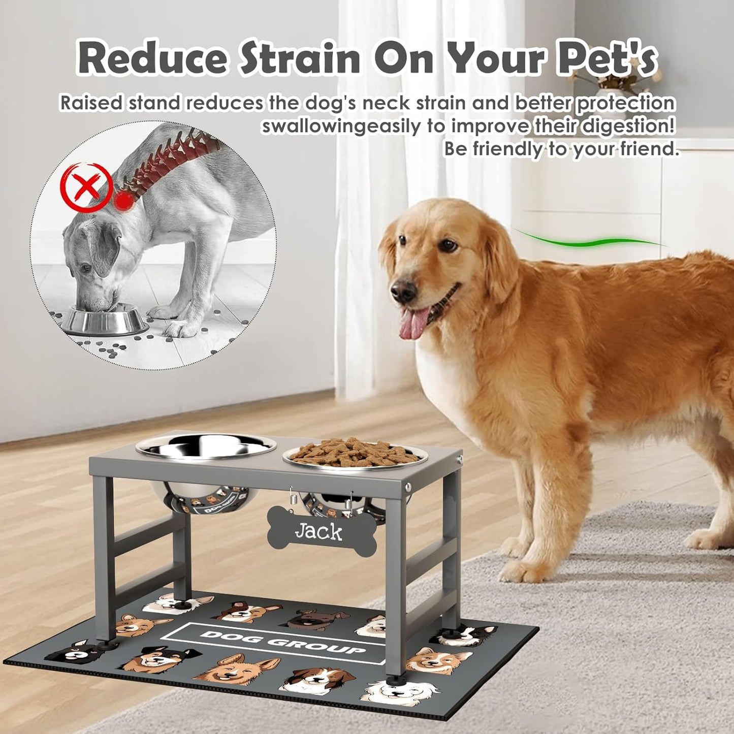 Elevated Dog Bowls, 10" Tall Height, Raised Bowl Stand with 2 Stainless Steel Food Feeder Bowls (58oz) and Spill-Proof Mat for Medium Large and Small Breeds, Grey