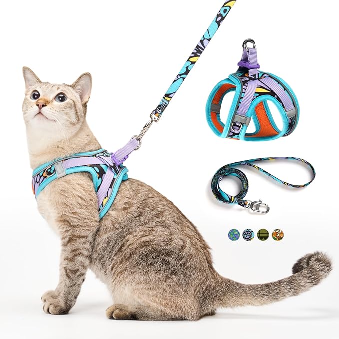 Cat Harness and Leash Set, Step-in Escape Proof Adjustable Vest Harness for Small Medium Large Cats, Lightweight Soft Breathable Reflective Kitten Harness for Walking Travel, Camping(Butterfly, L)