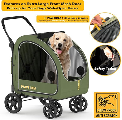PAWZIDEA Large Dog Stroller with Detachable Carrier, Portable Dog Crate for Car Travel, Multiple Pet Strollers for Medium Dogs up to 80lbs, Adjustable Handle, All-Terrain 9” Wheels, Storage Organizer