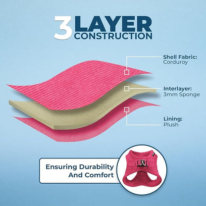 Best Pet Supplies - All Weather Mesh/Plush, Reflective, No Pull Harness for Small, Medium Dogs, Cats - Secure with Hook & Loop Fastener, Buckle, Double D-Rings - Fuchsia Corduroy, XL