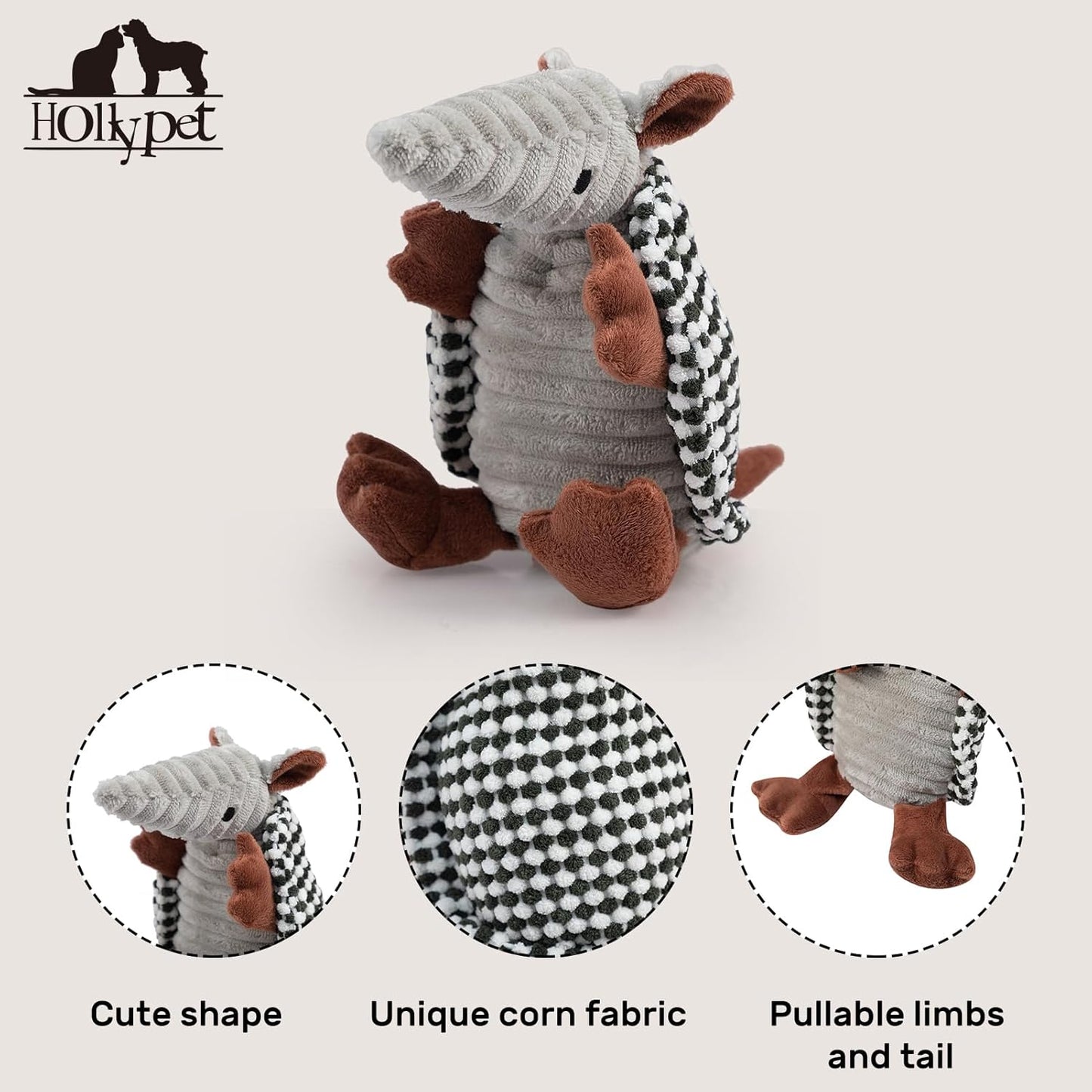 Hollypet Plush Dog Squeaky Toy Stuffed Armadillo Animal Pet Puppy Chew Toys with Clean Teeth for Small Medium Large All Breed Sizes Dogs, Black and White,8 in