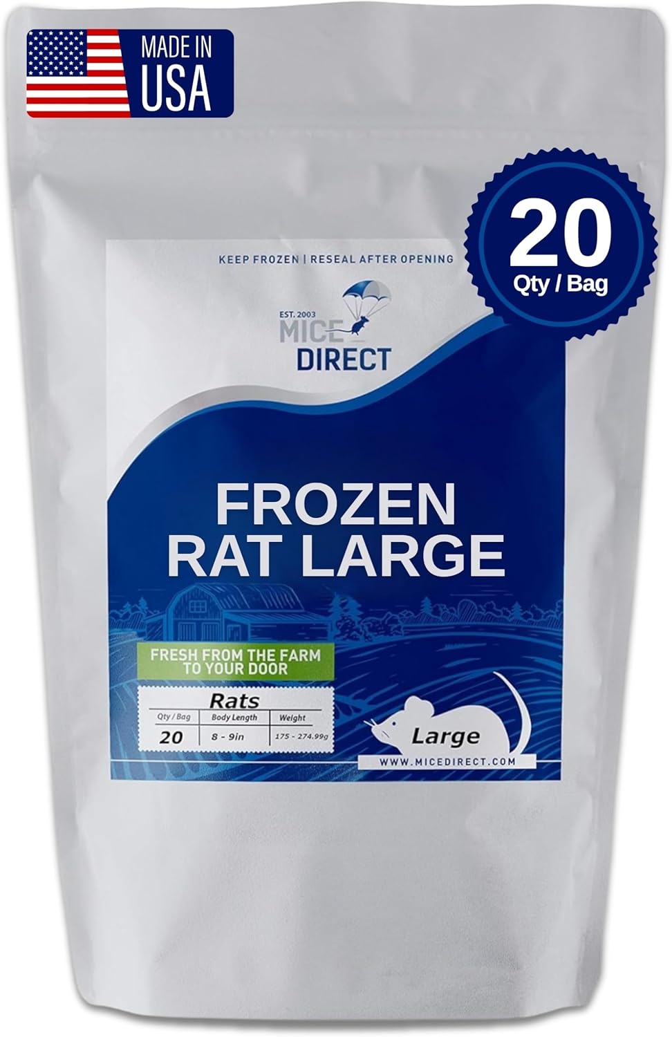 MiceDirect EST. 2003 20 Frozen Large Feeders Snake Food for Adult Red Tail Boas (8-9 in)(3500 Grams Min)