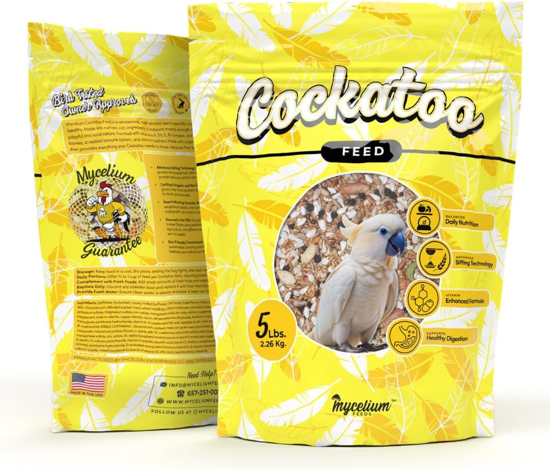 Mycelium Organic Cockatoo Bird Seed (5 LB Bag) | High-Protein Bird Food with Seeds, Pellets & Kibble | Supports Feather Health, Energy & Digestion | Non-GMO, USA-Grown