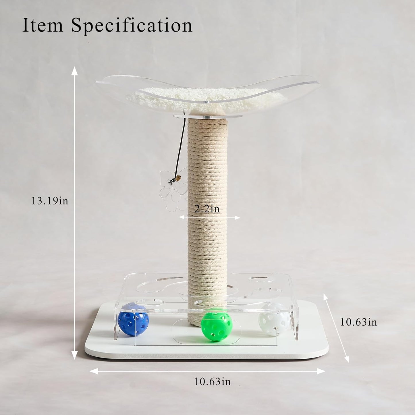 Modern 3-in-1 Interactive Cat Toy with Puzzle Box, Cat Bed/Perch & Scratching Posts, Colorful Jingle Balls, Dangling Accent, Puzzle Toys for Indoor Cats, Acrylic, White