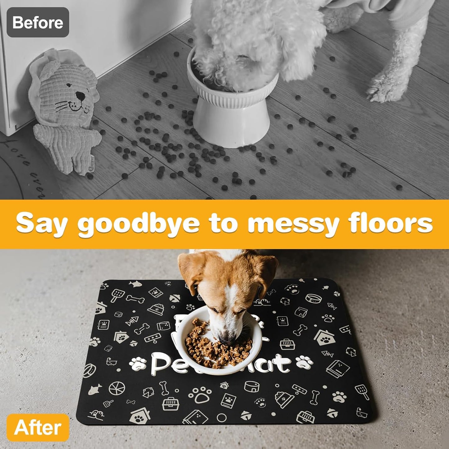 Pet Feeding Mat,Dog Cat Mat for Food and Water,Dog Bowl Waterproof Placemat with Rubber Backing,Absorbent Quick Dry Water Dispenser Mat for Pet（Black 12"×18"）