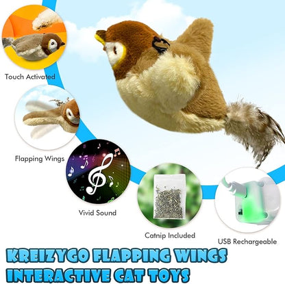 Cat Toys, Flapping Wings Sparrow, No Flying, Chirping Bird Interactive Catnip Toy for Kitten or Small Dogs, Touch Activated, Rechargeable
