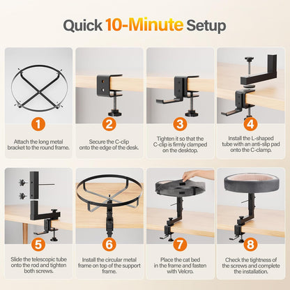 Cat Bed for Desk – Adjustable Metal Cat Bed with Headphone Holder, Scratch-Resistant Pet Shelf for Small Spaces, Modern Desk Cats Perch for Home/Office - Gray