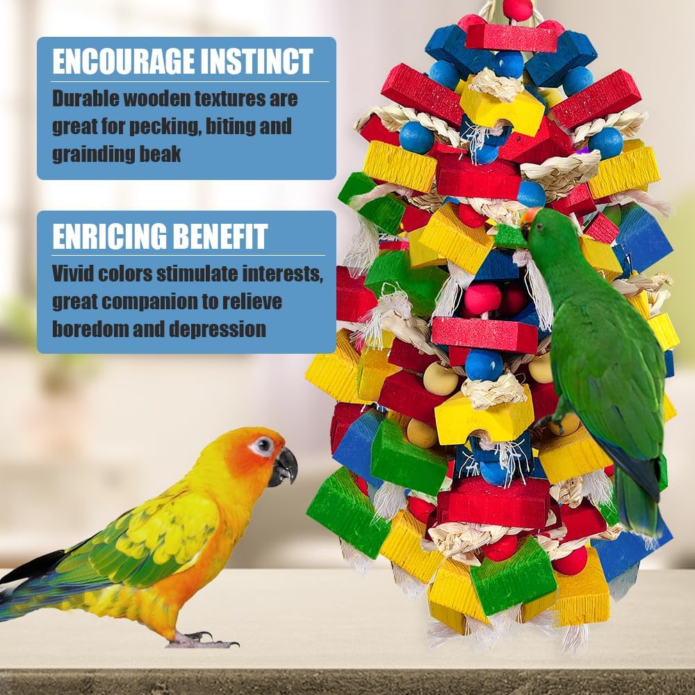 Parrot Toys for Large Birds, Multicolored Wooden Blocks Bird Chewing Toy Parrot Cage Bite Toy for Macaws Cokatoos African Grey and Large Medium Parrot Birds (Block)