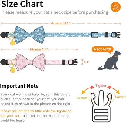 2 Pack Cotton Cat Collar with Bow Tie and Bell for Girl Boy Cats,Cute Pink Flamingo and Blue Whale Pattern Spring Summer Breakaway Cat Collar for Male Female Cats (Flamingo&Whale)