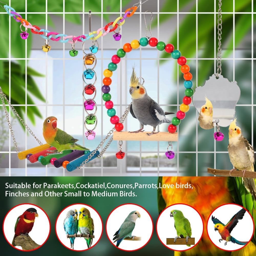 Bird Toys for Parakeets, Parrots, Conures, Cockatiels, Love Birds, Finches, Mynah, Budgerigar - 9Pcs Wooden Ladder Bridge, Swing, Hammock, Cage Accessories