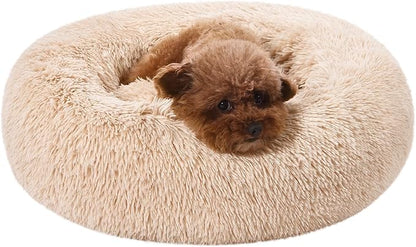 Amazon Basics Donut Pet Bolster Faux Fur Bed for Dog, Beige, 23" x 23"