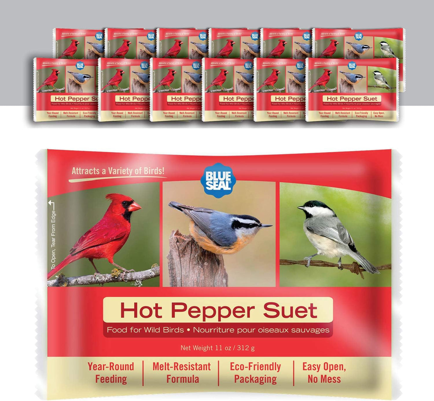 Blue Seal Hot Pepper Suet Cakes for Wild Birds | No Mess Suet Feed with Cracked Corn | Food for Woodpeckers, Cardinals, Siskins & Sparrows | Use with Suet Feeder | 11oz Seed Cake (12 Pack)