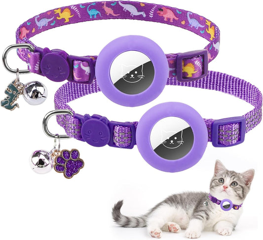 PUPTECK Airtag Cat Collar Breakaway 2 Pack with Bells, Reflective Kitten Collar with Air Tag Holder for Boy Girl Kitty and Puppies, Soft, Purple