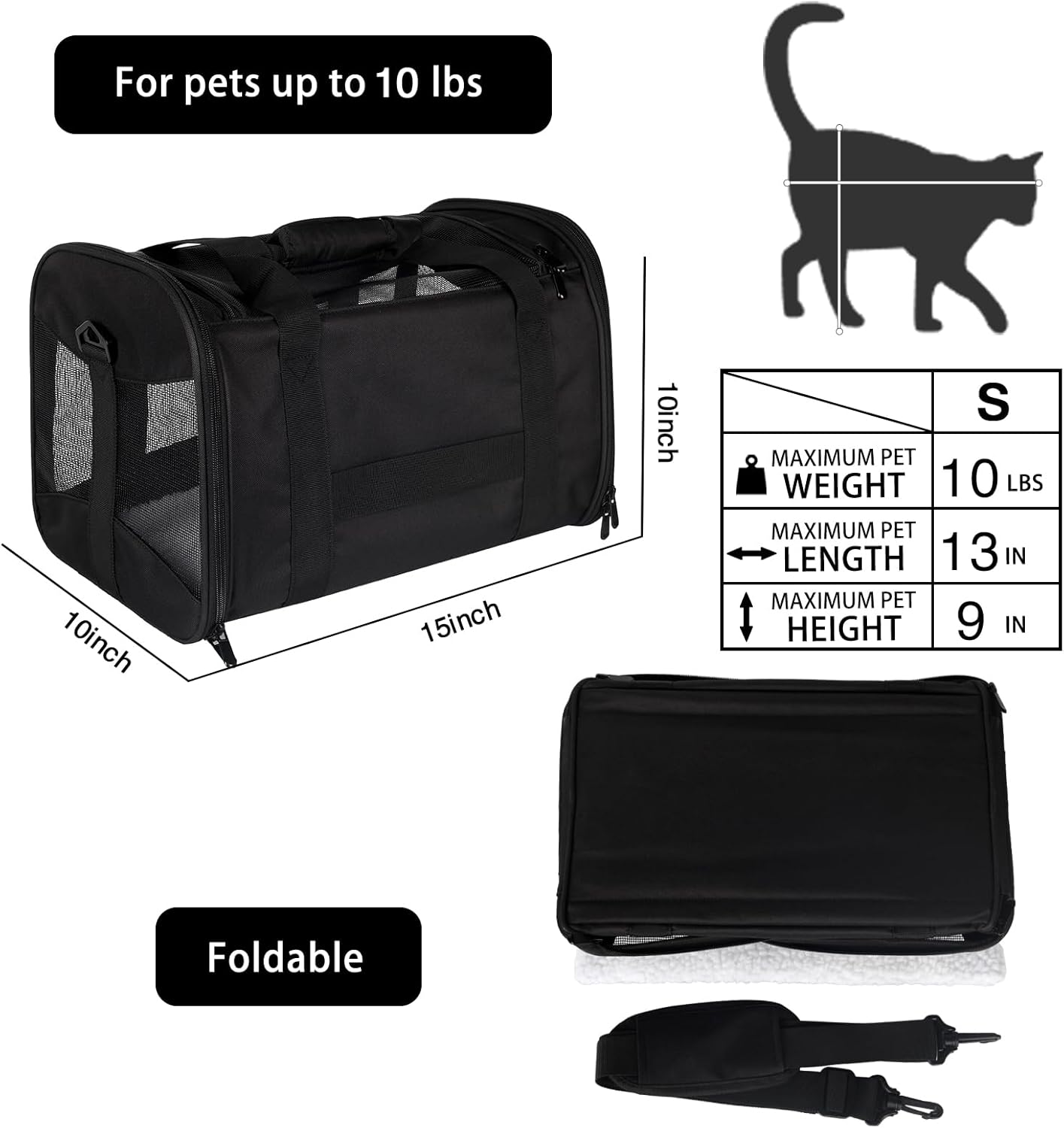 Cat Carrying Case - Pet Carrier Airline Approved, Protable and Breathable Pet Travel Carrier Removable Fleece Pad, Collapsible Cat Carrier Dog Carrier for Medium Cats Small Cats Dogs (Small, Black)