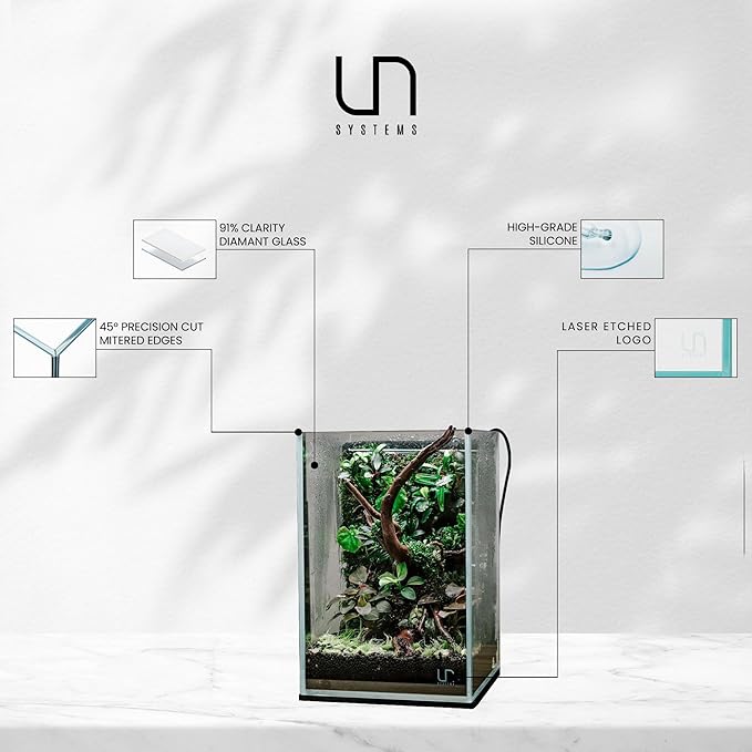UNS Ultra Clear Rimless Tank - 3.1GAL | 12L - 7.87x7.87x11.81 | 20x20x30 CM, 5mm Glass Thickness, Leveling Mat Included - Low Iron, High Clarity Fish Tank w/ 45° Mitered Edge - [20T]