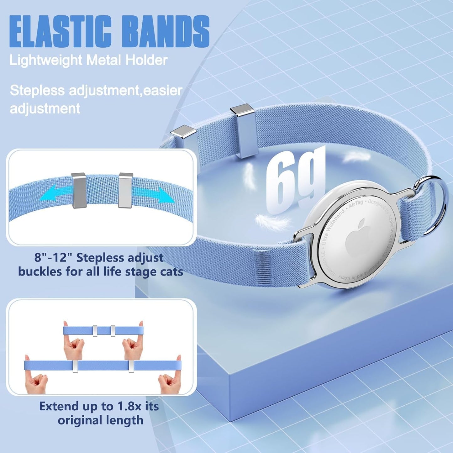 AirTag Cat Collar, Ultra Elastic Cat Tracker Collar, Airtag Holder Compatible with Apple Air Tag, [Lightweight & Scratch Resistant] Adjustable Stepless GPS Pet Collar for Cats Kittens, Blue