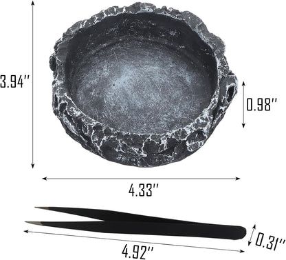 IBWell 2pcs Reptile Water Bowl with Feeding Tweezers - Feeding Dish for Lizard, Snake, Tortoise & Small Animals - Grey Rock