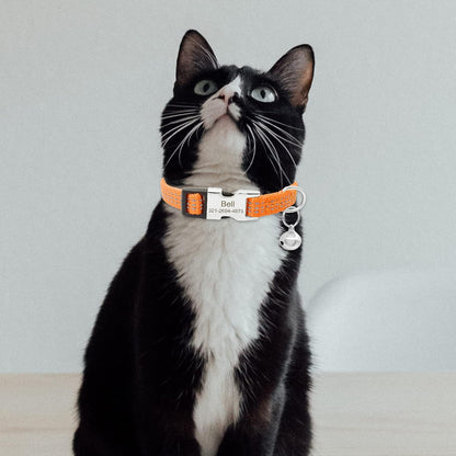 Personalized Reflective Nylon Cat Collar with Name Phone,Custom Engraved Buckle Cat Collar with Bell,Adjustable for Small Dogs Puppy Kitten (Orange,fit 7.5''-12.0'')